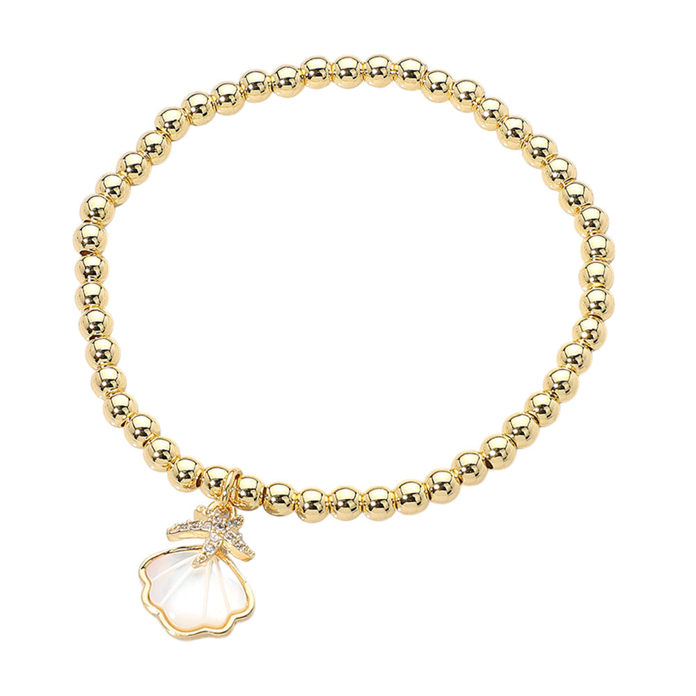 iLLASPARKZ Stainless Steel Mother of Pearl Sea Shell Starfish Charm Beaded Stretch Bracelet