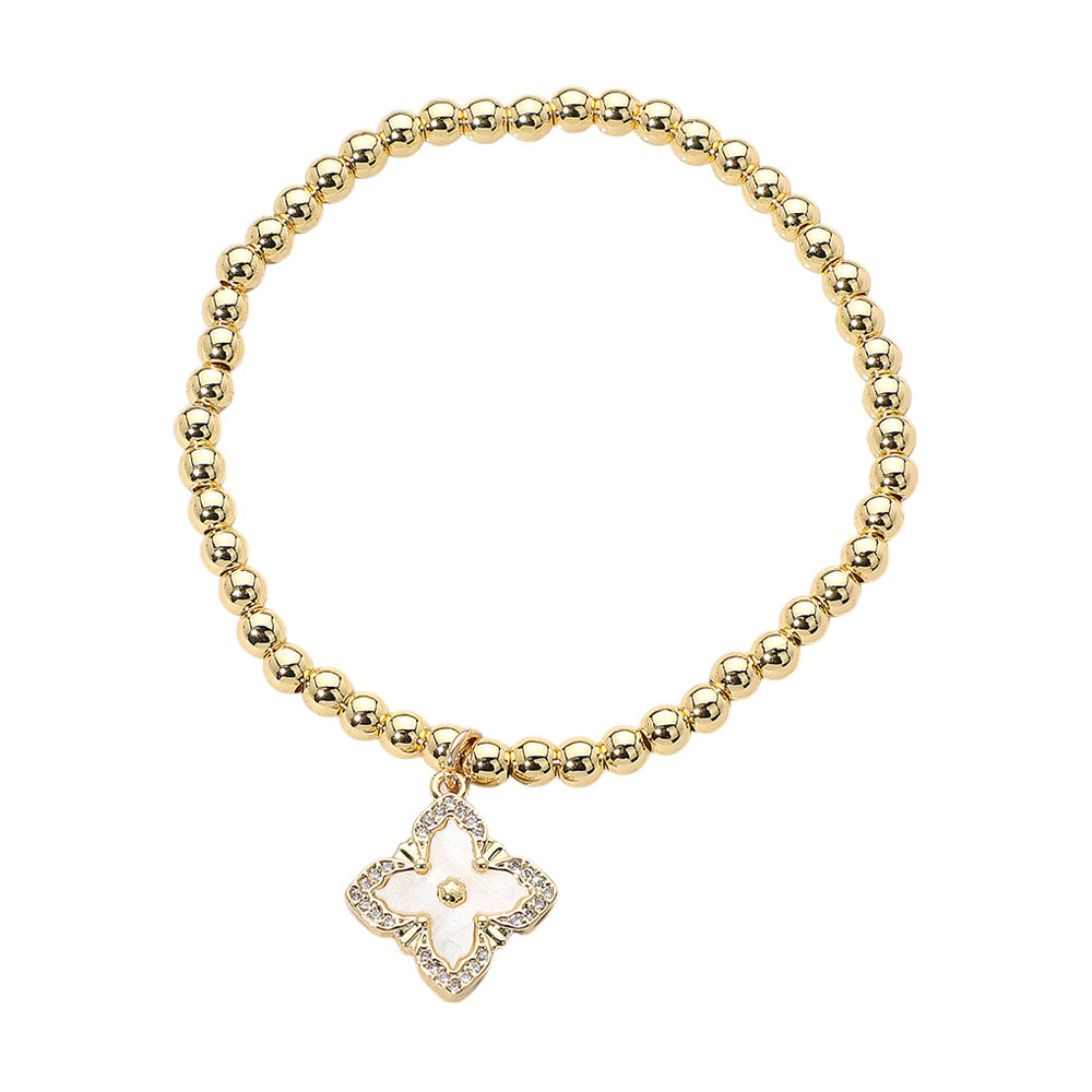 iLLASPARKZ Reversible Stainless Steel Mother of Pearl Clover Charm Beaded Stretch Bracelet