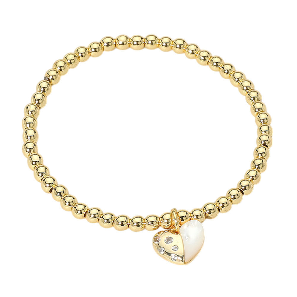 iLLASPARKZ Stainless Steel Mother Of Pearl Heart Charm Beaded Stretch Bracelet