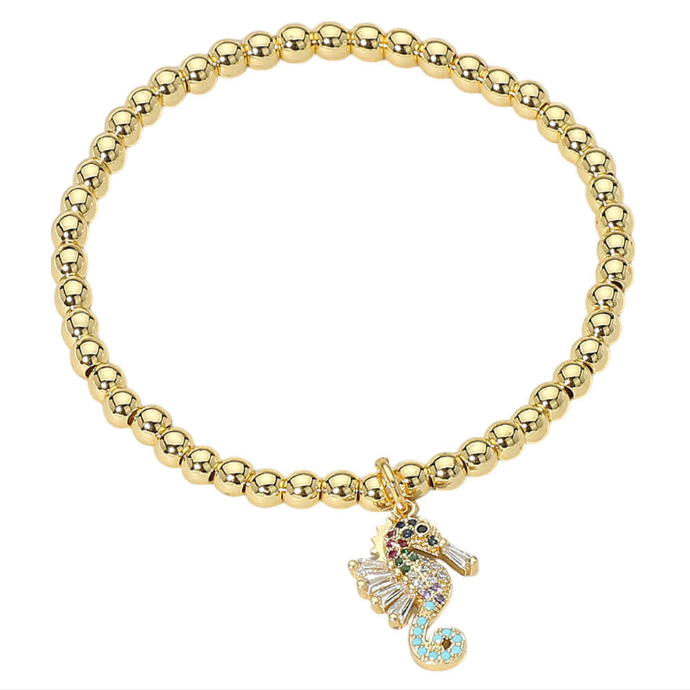 iLLASPARKZ Stainless Steel Stone Embellished Seahorse Charm Beaded Stretch Bracelet