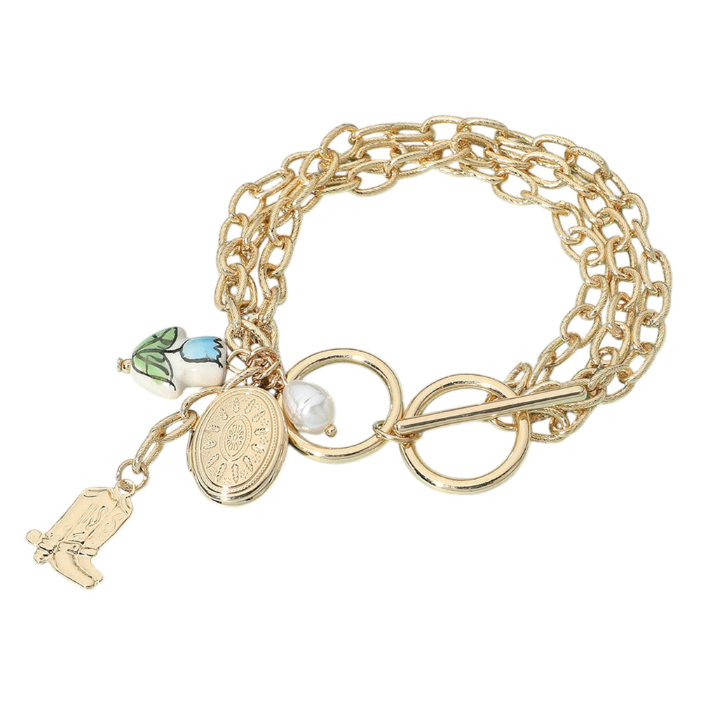 iLLASPARKZ Metal Oval Locket Western Boot Pearl Ceramic Tulip Charm Layered Chain Toggle Bracelet