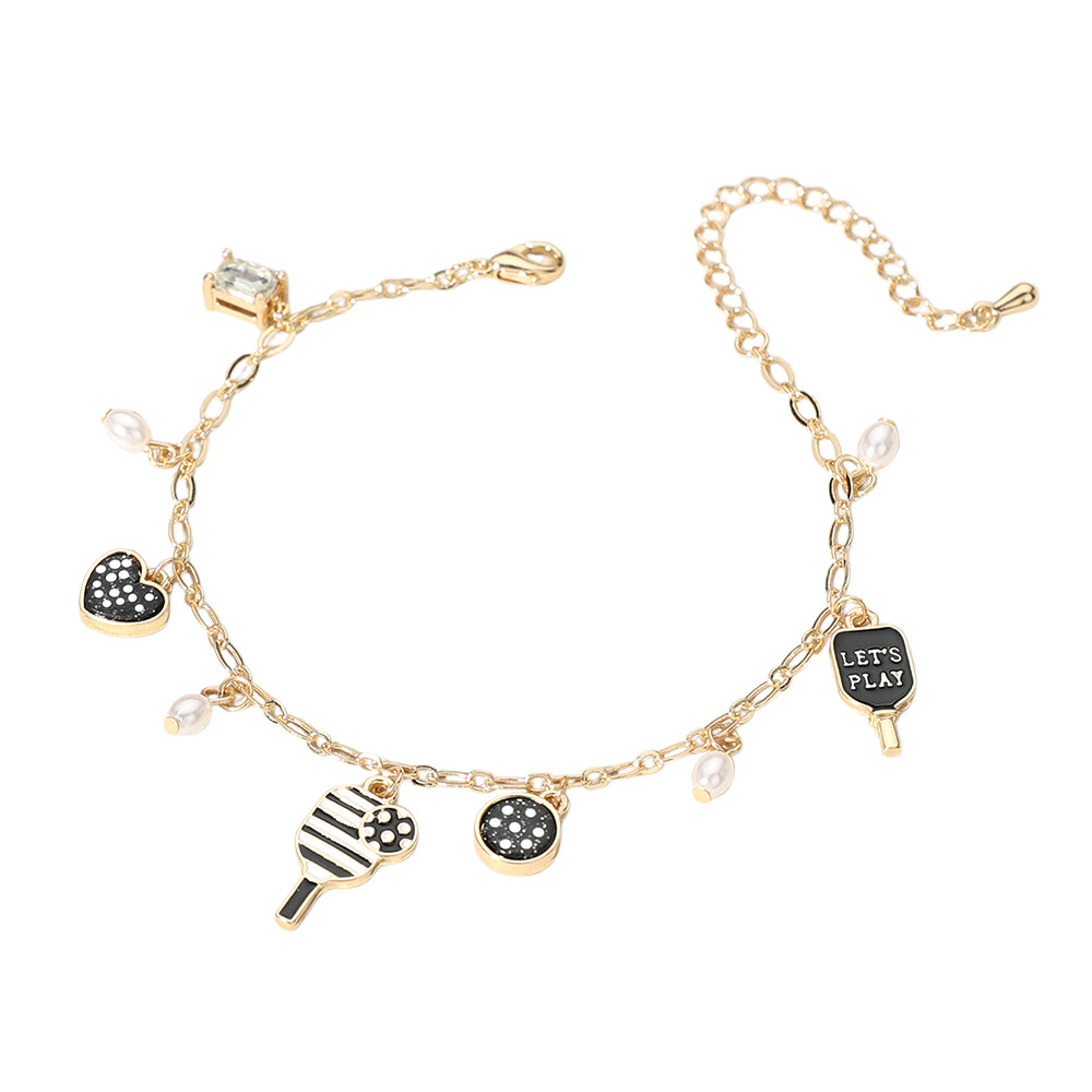 iLLASPARKZ Lets Play Message Enamel Pickleball Pearl Charm Station Bracelet