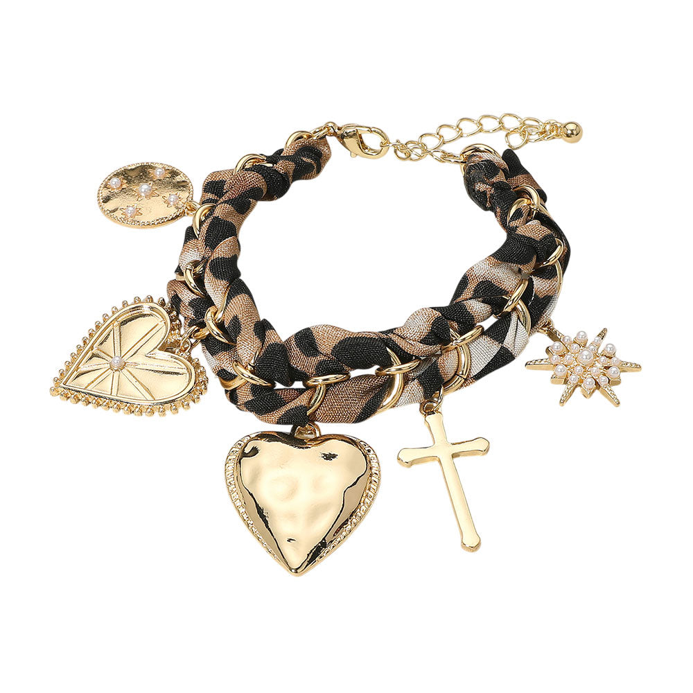 iLLASPARKZ Metal Heart Cross PEarl Paved Starbusrt Medal Charm Station Leopard Printed Fabric Chain Bracelet