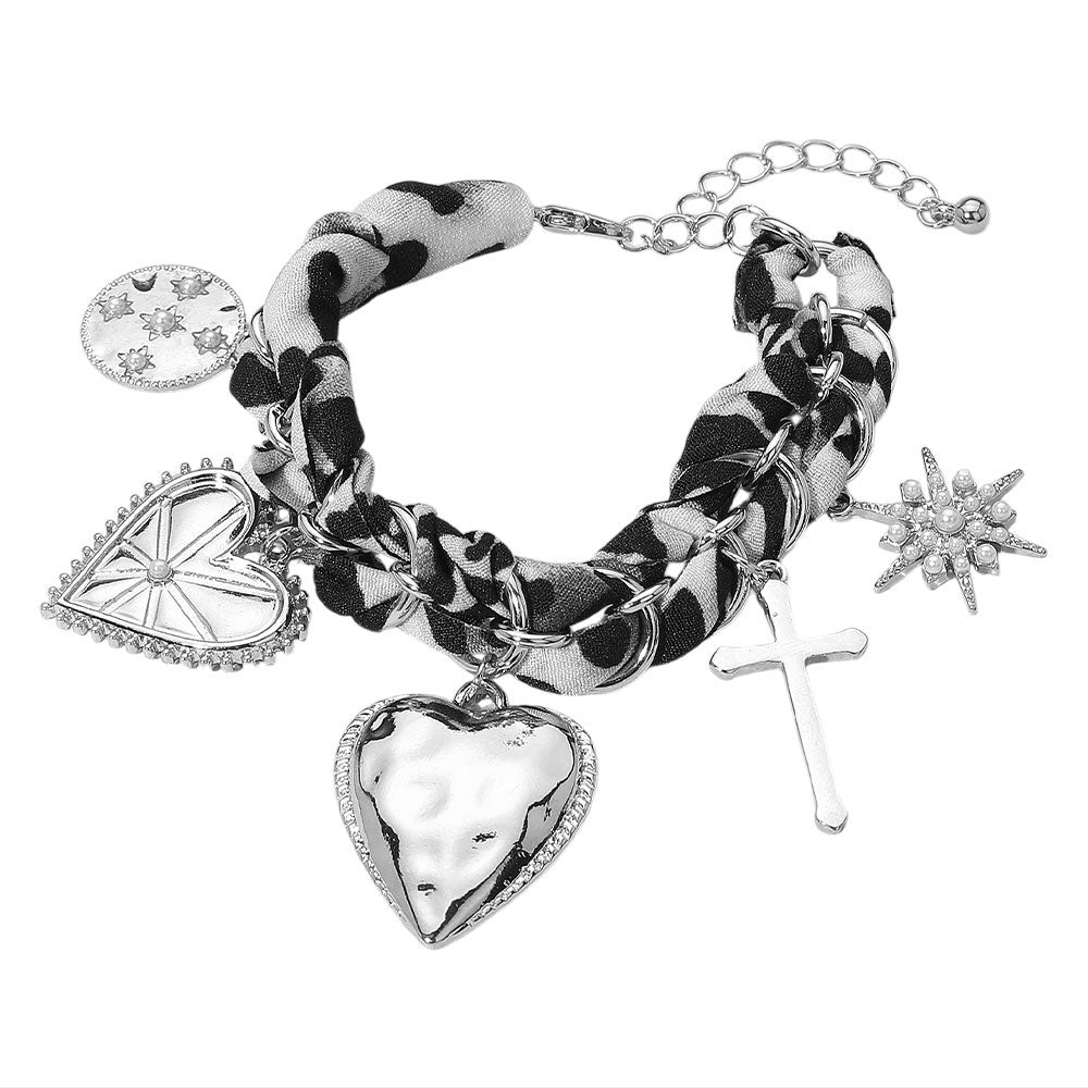 iLLASPARKZ Metal Heart Cross PEarl Paved Starbusrt Medal Charm Station Leopard Printed Fabric Chain Bracelet