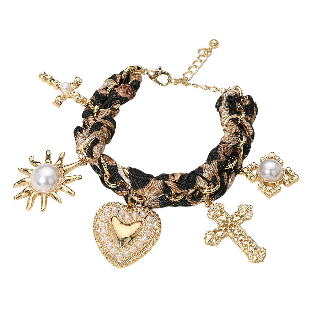 iLLASPARKZ Bold Pearl Embellished Heart Cross Sunburst Charm Station Leopard Fabric Chain Bracelet