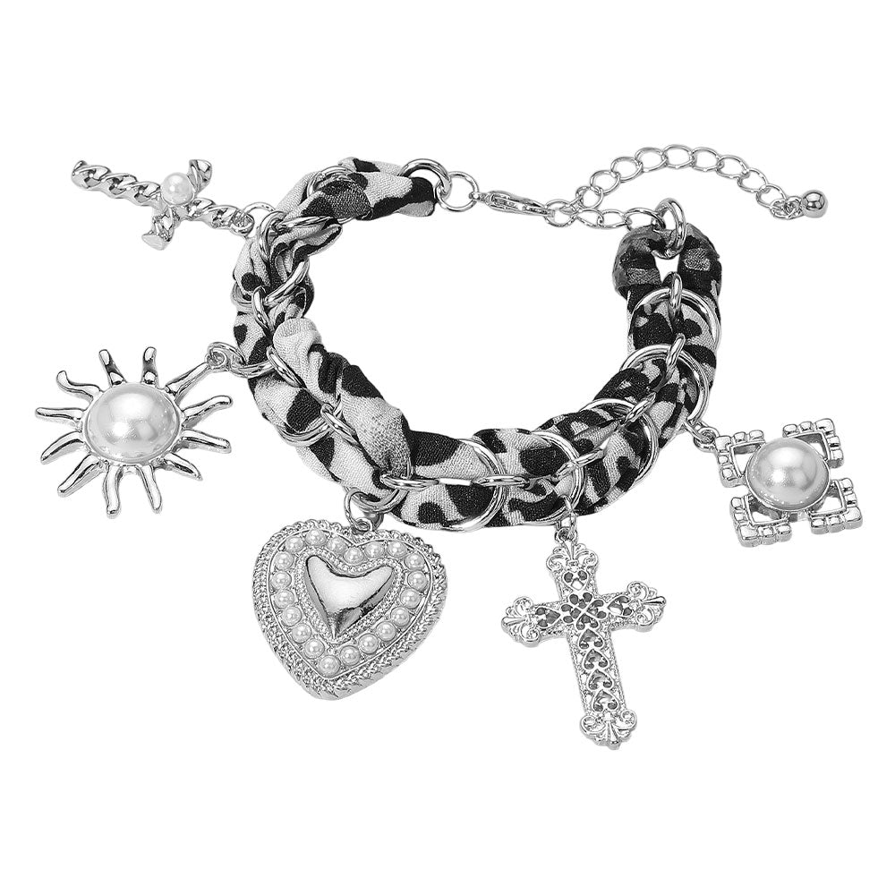 iLLASPARKZ Bold Pearl Embellished Heart Cross Sunburst Charm Station Leopard Fabric Chain Bracelet