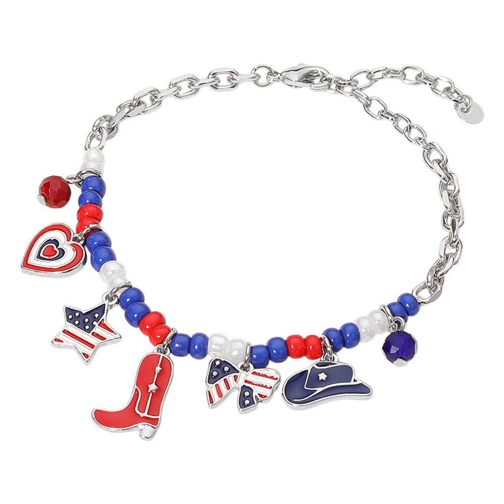 iLLASPARKZ Enamel American USA Flag Bow Heart Western Cowboy Boot Hat Charm Station Beaded Bracelet