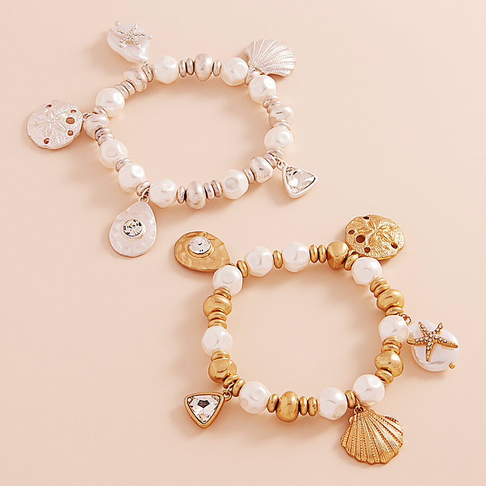 iLLASPARKZ Metal Shell Sand Dollar Pearl Starfish Charm Pearl Beaded Stretch Bracelet