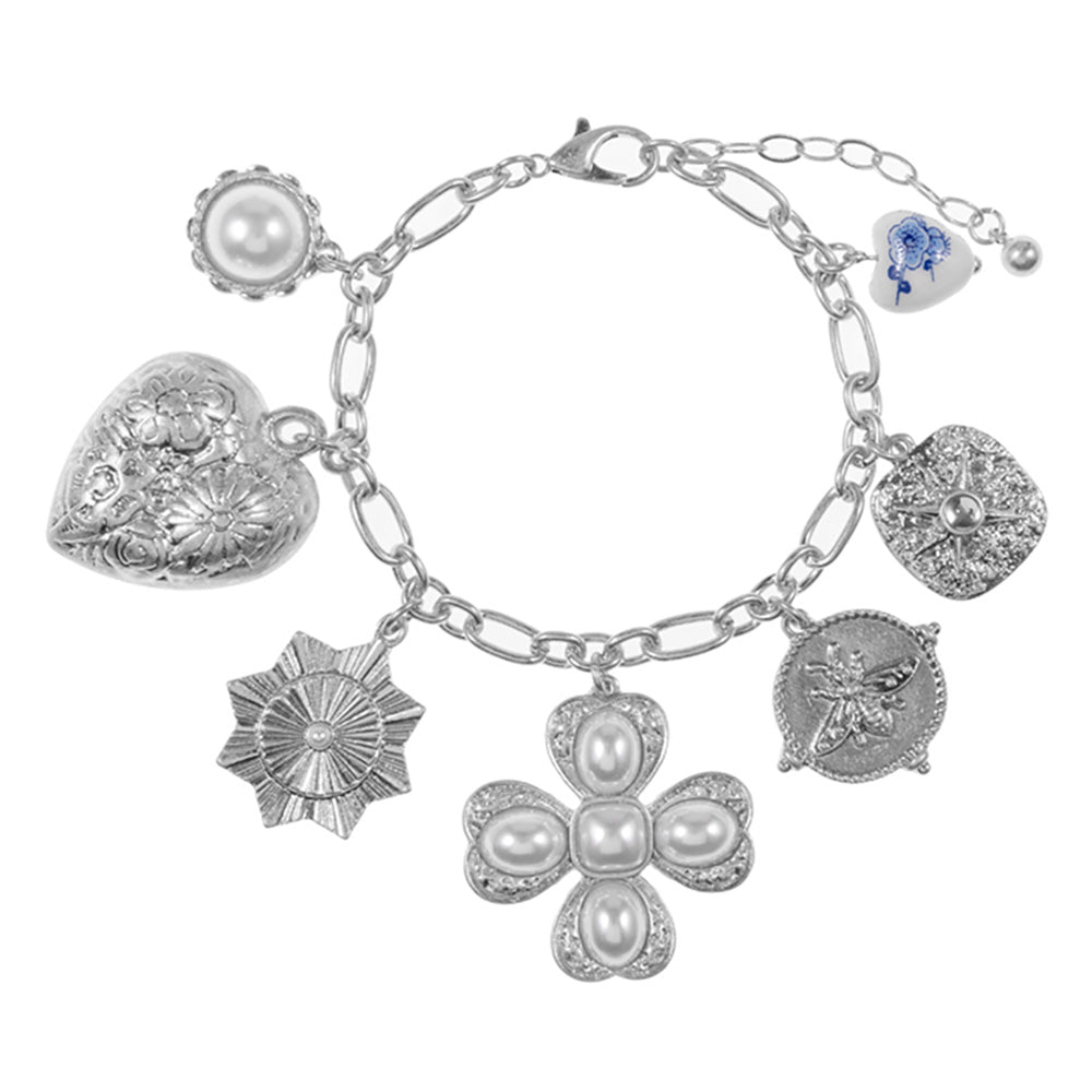 iLLASPARKZ Pearl Clover Metal Heart Honey Bee Medal Charm Station Bracelet