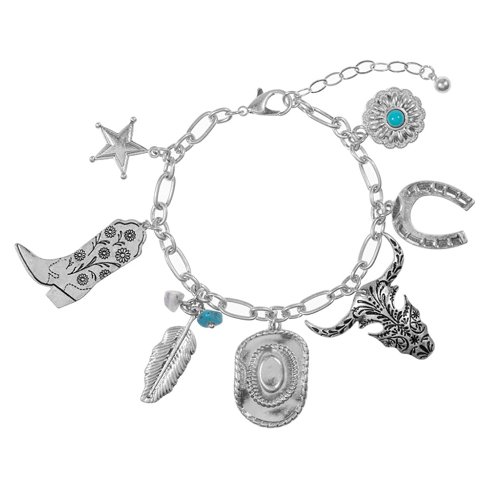 iLLASPARKZ Western Cowboy Boot Hat Steer Head Horseshoe Star Charm Station Bracelet