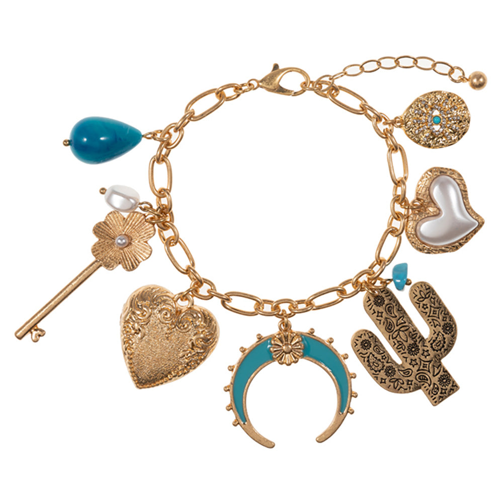 iLLASPARKZ Western Cactus Pearl Heart Metal Flower Key Crescent Charm Station Bracelet