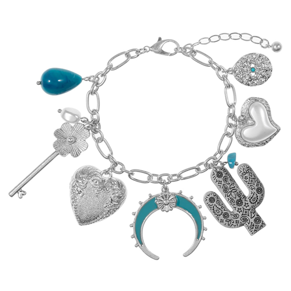 iLLASPARKZ Western Cactus Pearl Heart Metal Flower Key Crescent Charm Station Bracelet