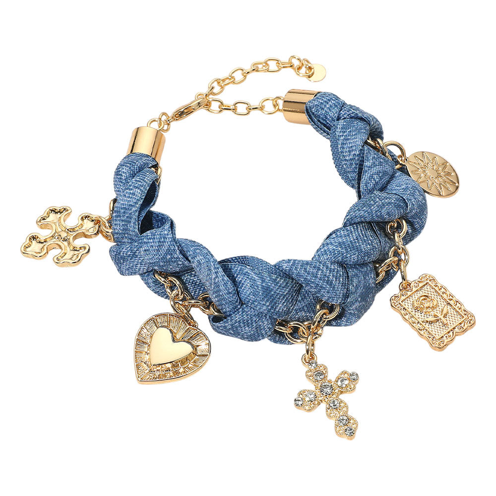 iLLASPARKZ Cross Heart Flower Charm Denim Fabric Braided Statement Bracelet