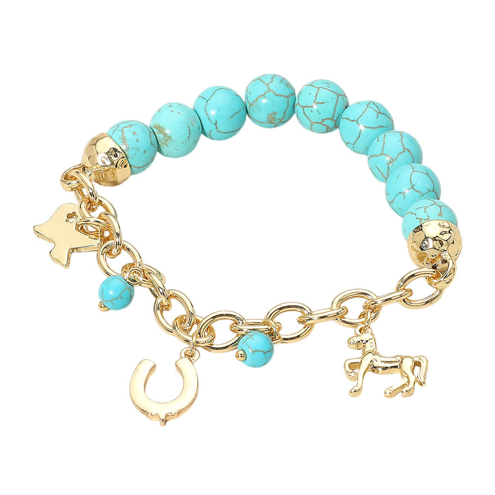 iLLASPARKZ SECRET BOX_Western Horse Horseshoe Texas Map Charm Station Turquoise Stone Beaded Stretch Bracelet