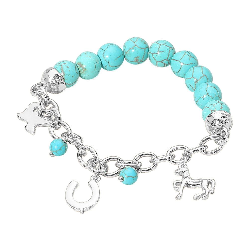 iLLASPARKZ SECRET BOX_Western Horse Horseshoe Texas Map Charm Station Turquoise Stone Beaded Stretch Bracelet