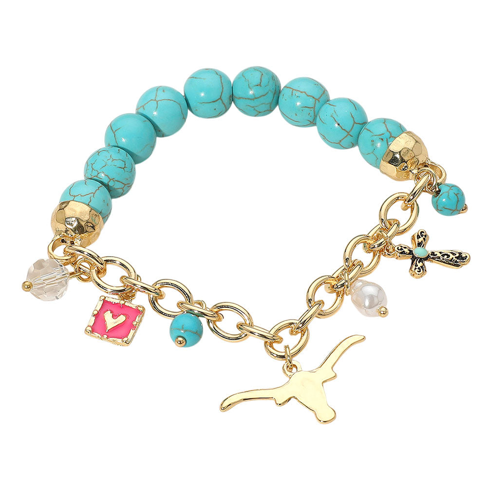 iLLASPARKZ SECRET BOX_Western Steerhead Cross Heart Pearl Charm Beaded Stretch Bracelet