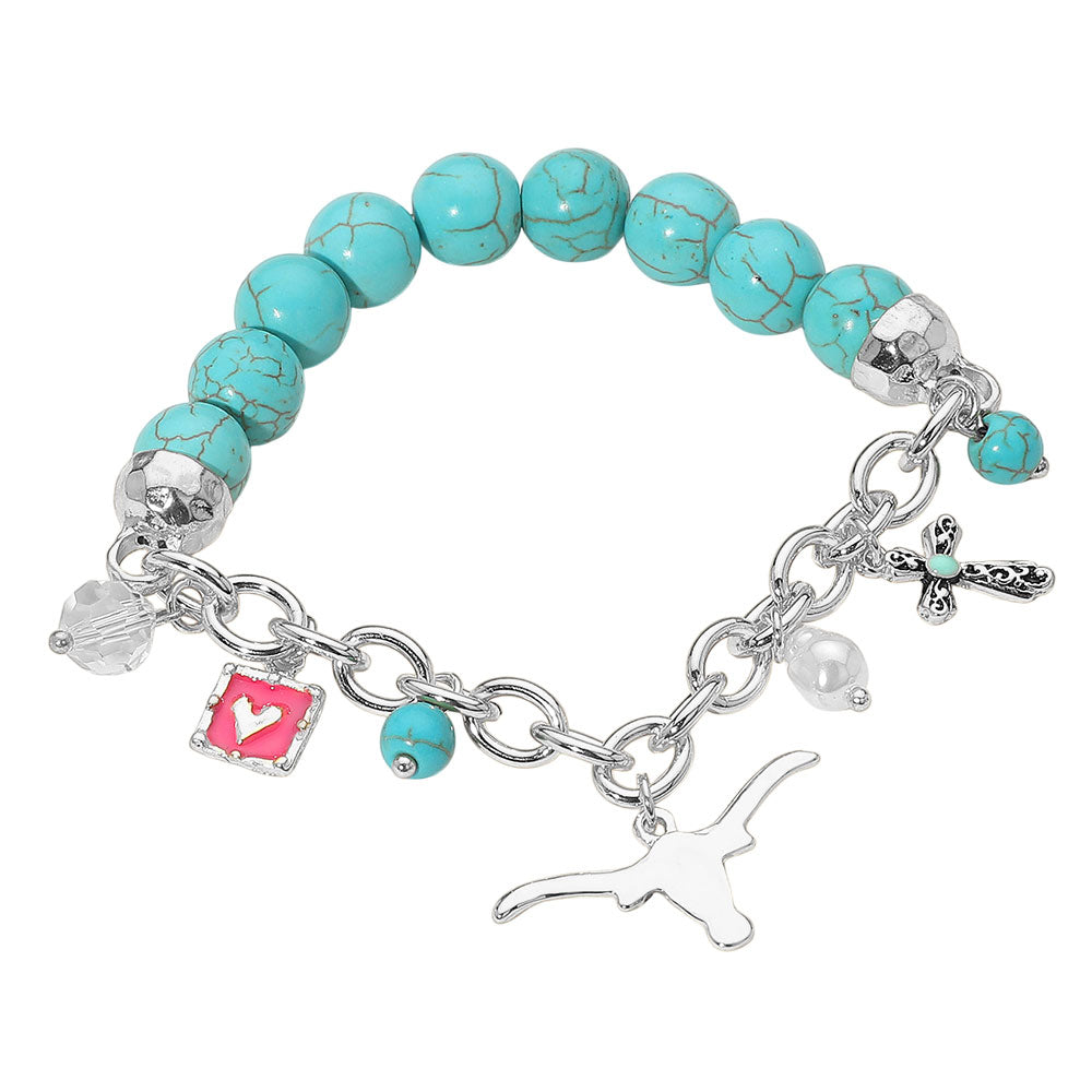 iLLASPARKZ SECRET BOX_Western Steerhead Cross Heart Pearl Charm Beaded Stretch Bracelet