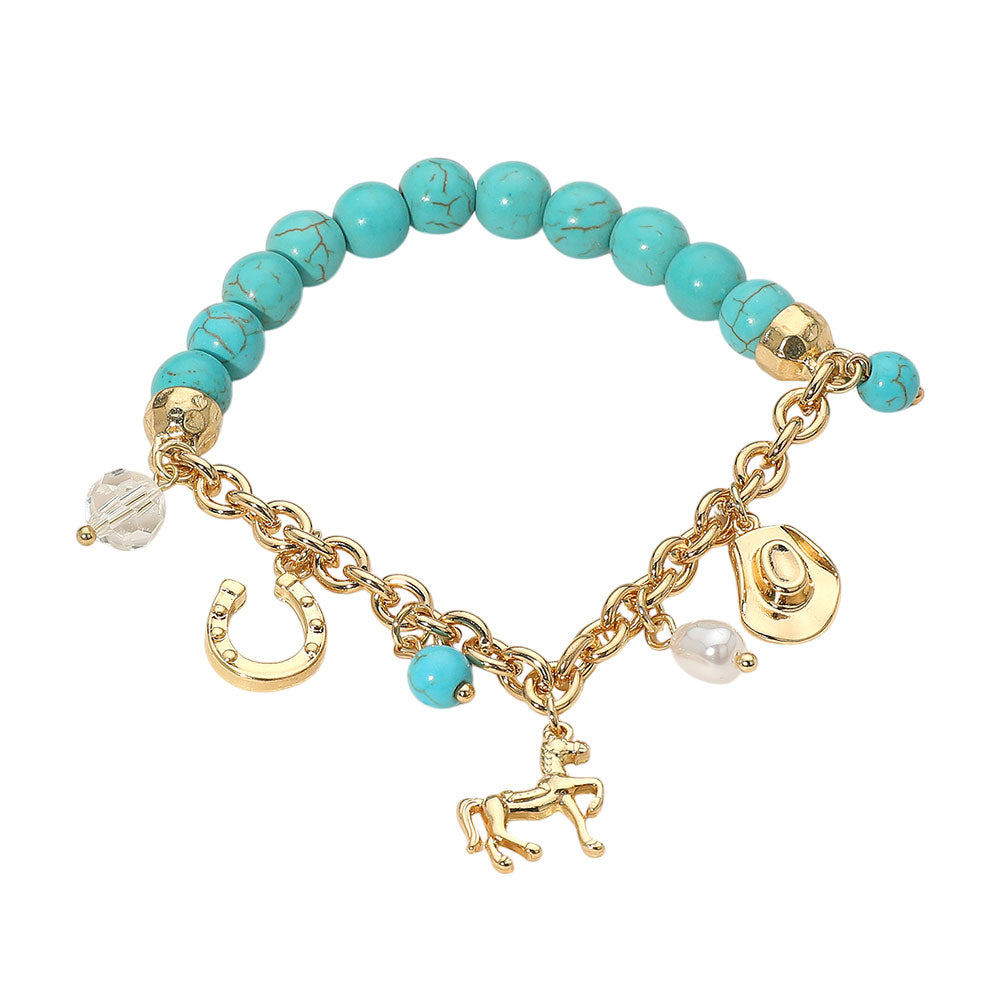 iLLASPARKZ SECRET BOX_Western Horse Horse Shoe Cowboy Hat Pearl Charm Beaded Stretch Bracelet