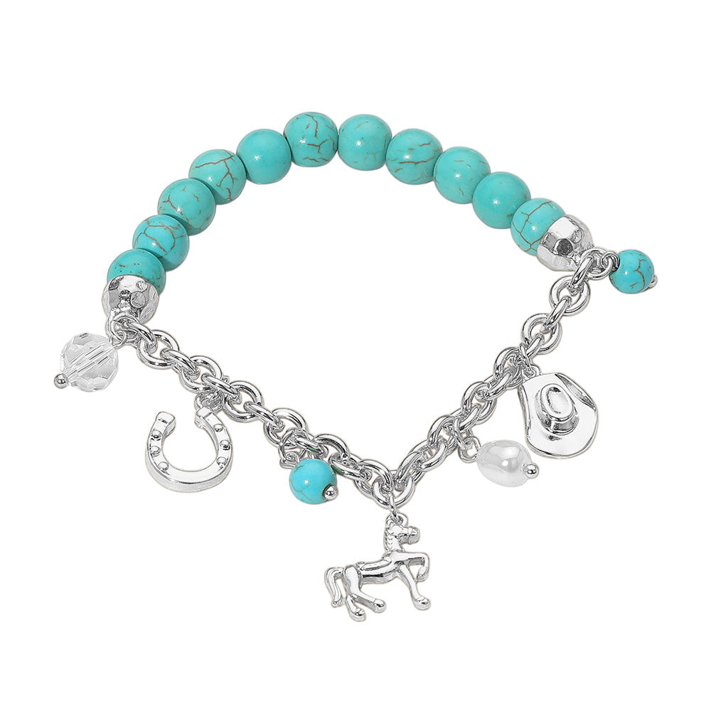 iLLASPARKZ SECRET BOX_Western Horse Horse Shoe Cowboy Hat Pearl Charm Beaded Stretch Bracelet