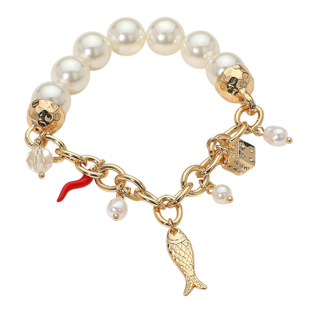 iLLASPARKZ SECRET BOX_Fish Dice Chili Charm Pearl Beaded Stretch Bracelet
