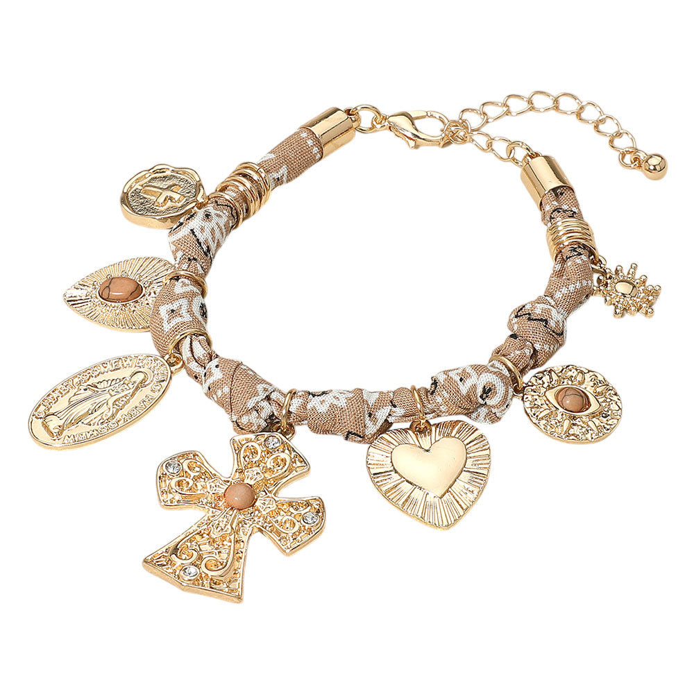 iLLASPARKZ Chunky Religious Cross Heart Charm Station Fabric Chain Bracelet