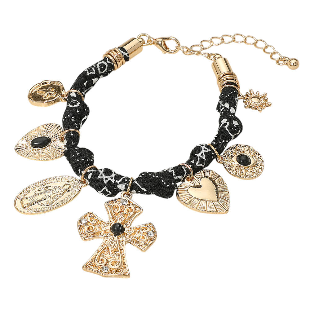 iLLASPARKZ Chunky Religious Cross Heart Charm Station Fabric Chain Bracelet