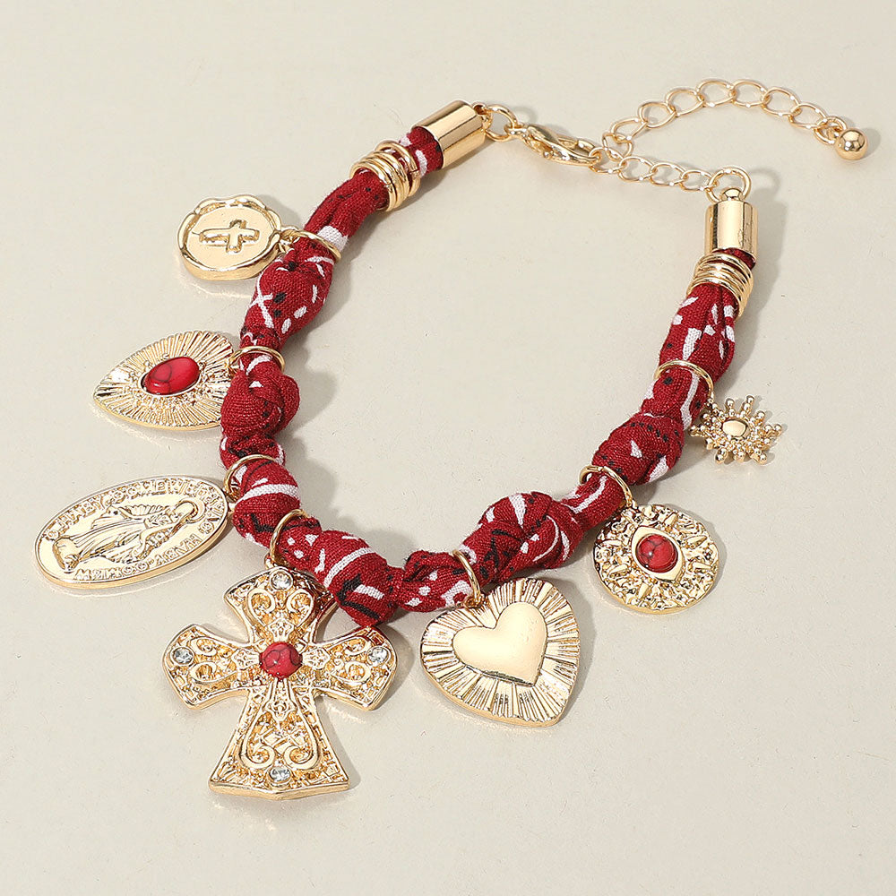 iLLASPARKZ Chunky Religious Cross Heart Charm Station Fabric Chain Bracelet