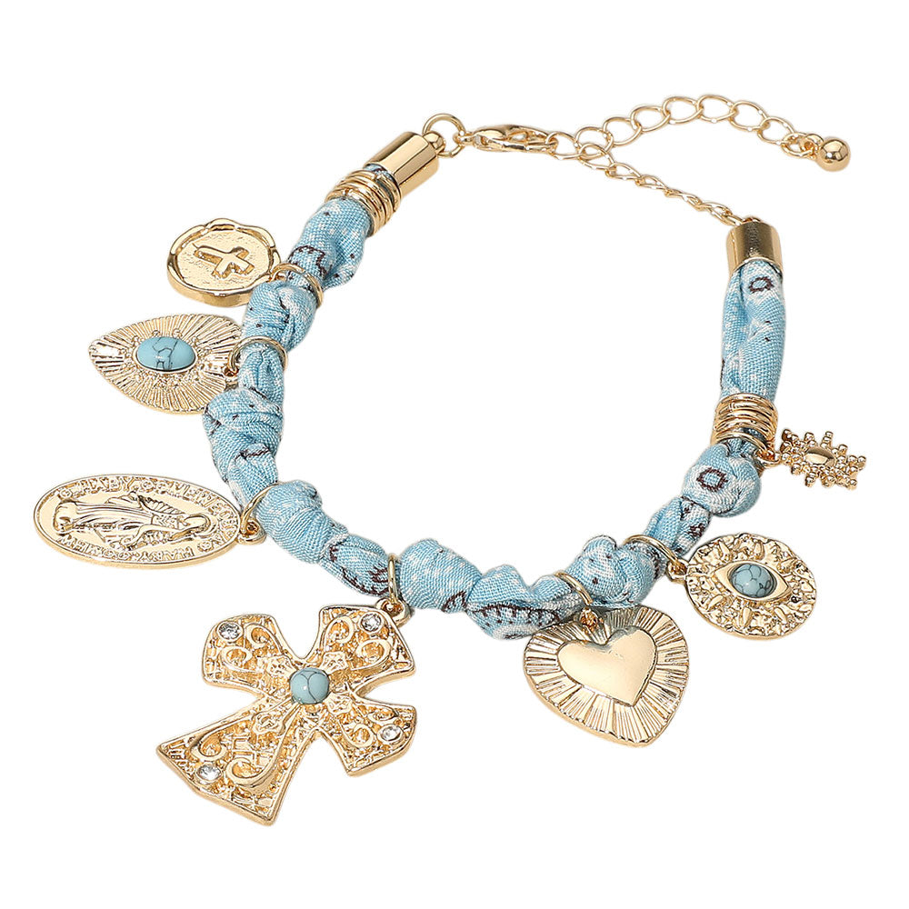 iLLASPARKZ Chunky Religious Cross Heart Charm Station Fabric Chain Bracelet
