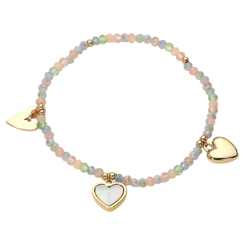 iLLASPARKZ Metal Mother of Pearl Heart Charm Station Faceted Beaded Stretch Bracelet