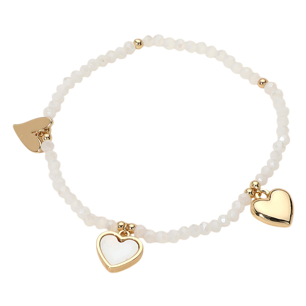 iLLASPARKZ Metal Mother of Pearl Heart Charm Station Faceted Beaded Stretch Bracelet