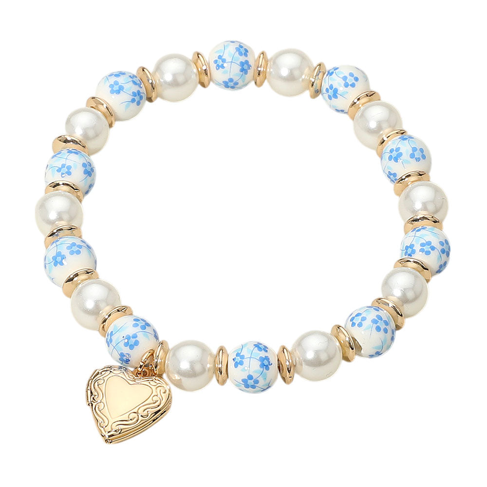 iLLASPARKZ SECRET BOX_Heart Locket Charm Floral Ceramic Ball Pearl Beaded Stretch Bracelet