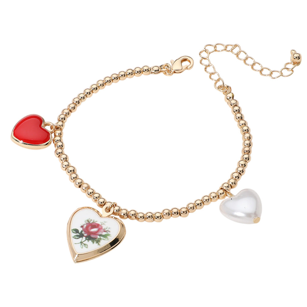 iLLASPARKZ SECRET BOX_Flower Printed Ceramic Heart Locket Enamel Pearl Heart Charm Metal Ball Beaded Bracelet