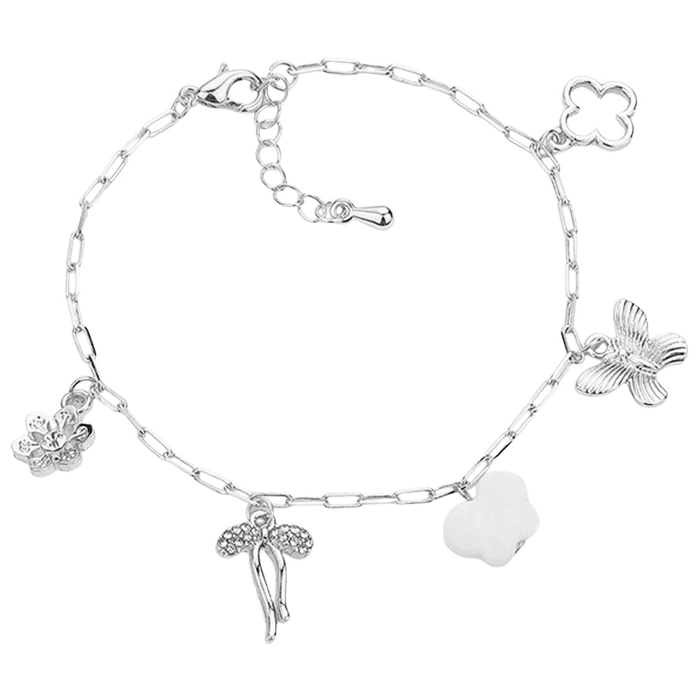 iLLASPARKZ Stone Paved Flower Bow Butterfly Quatrefoil Charm Station Bracelet