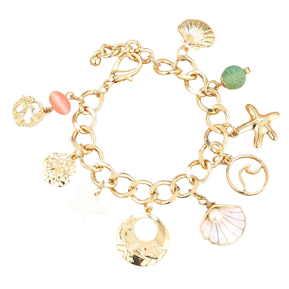 iLLASPARKZ Pearl Pointed Shell Starfish Natural Stone Metal Wire Wave Charm Chain Bracelet