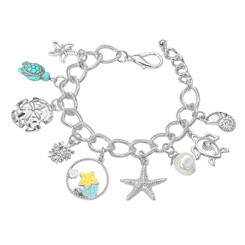 iLLASPARKZ Starfish Sea Turtle Sea Shell Pearl Charm Station Bracelet