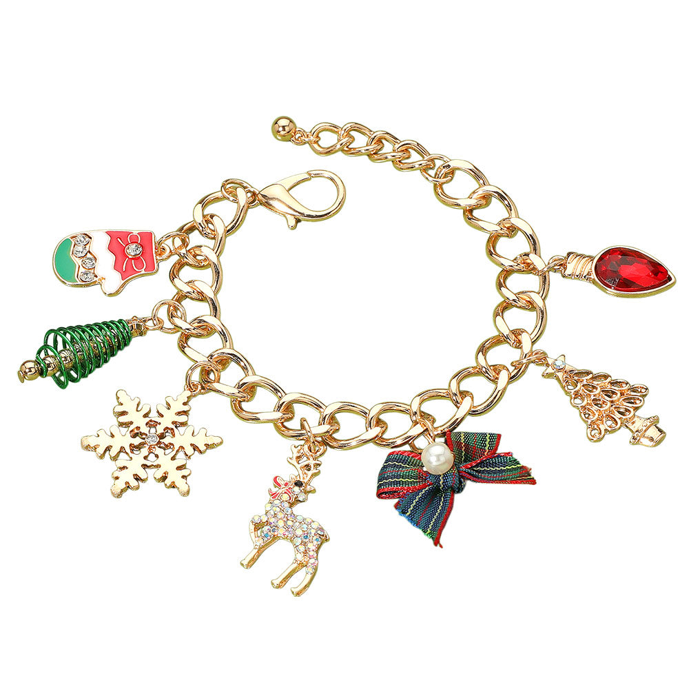 iLLASPARKZ Christmas Tree Snowflake Pearl Bow Light Bulb Mitten Charm Bracelet