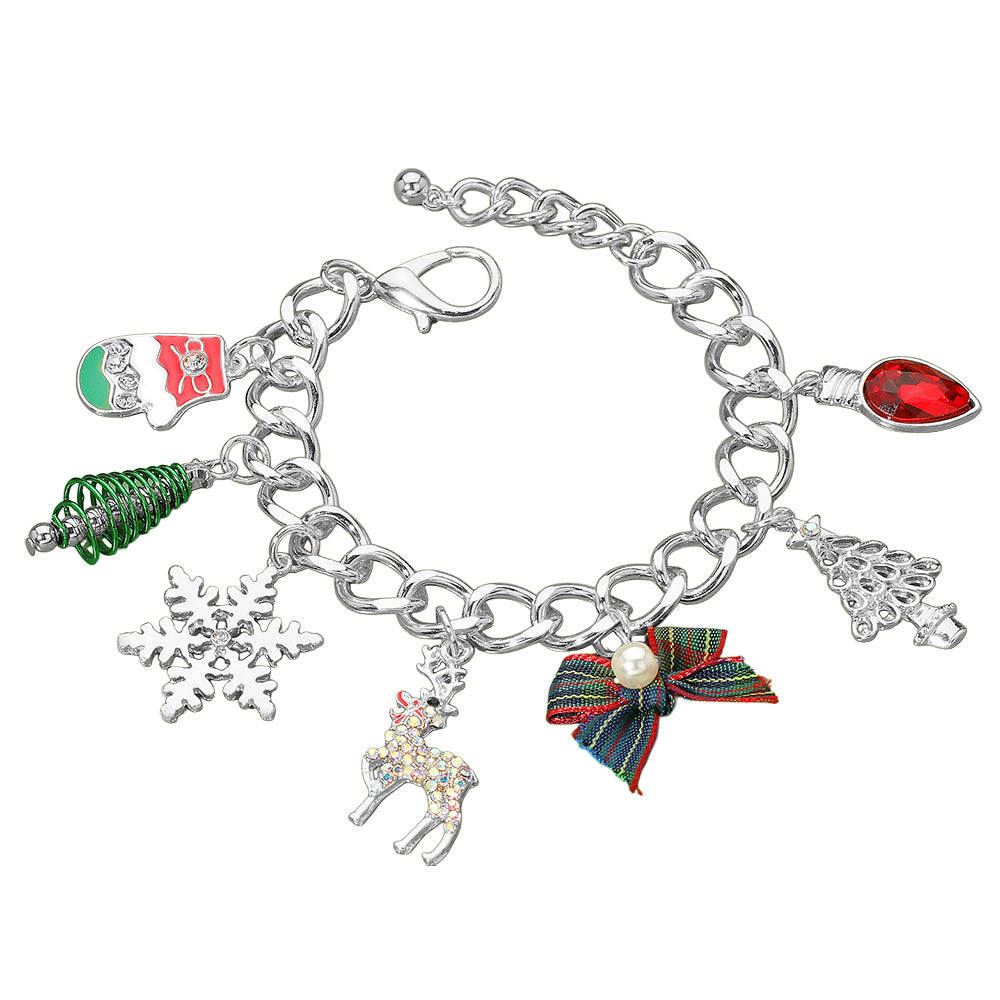 iLLASPARKZ Christmas Tree Snowflake Pearl Bow Light Bulb Mitten Charm Bracelet