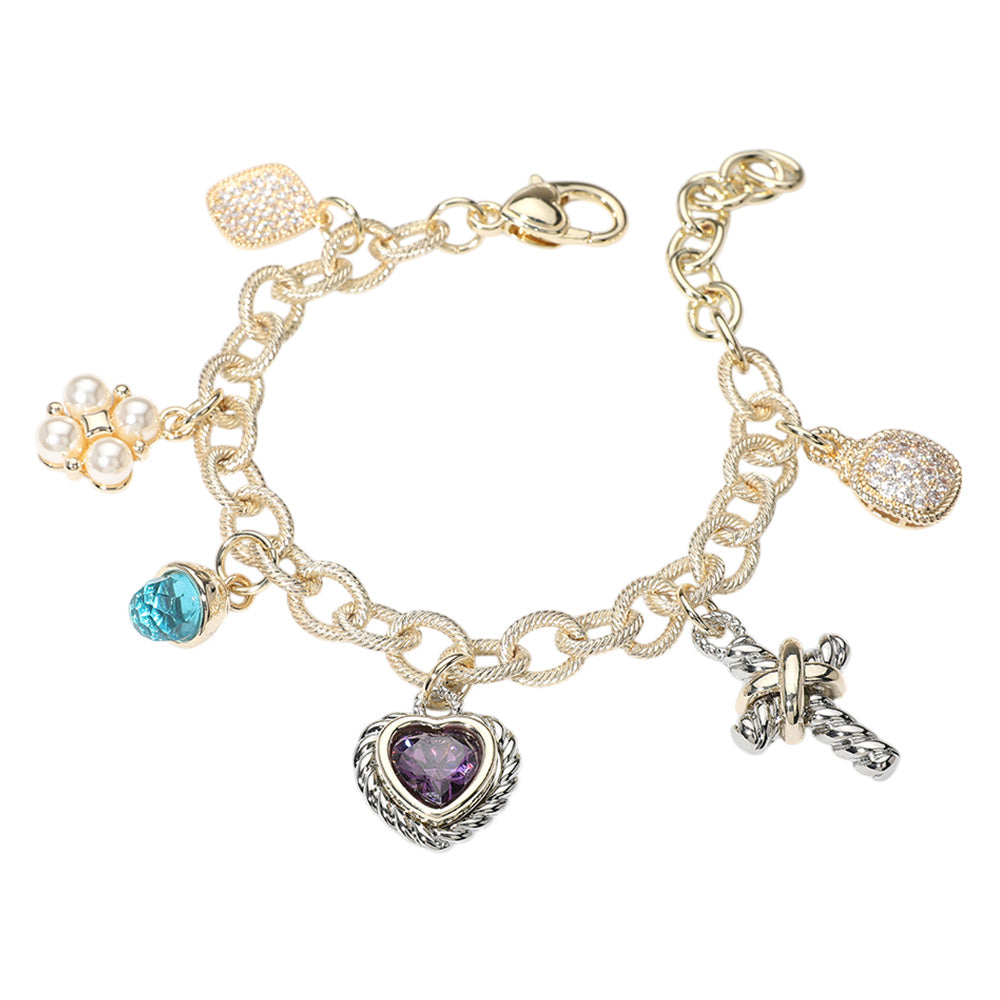 iLLASPARKZ 14K Gold Plated CZ Heart Stone Pearl Cluster Metal Cross Charm Station Bracelet