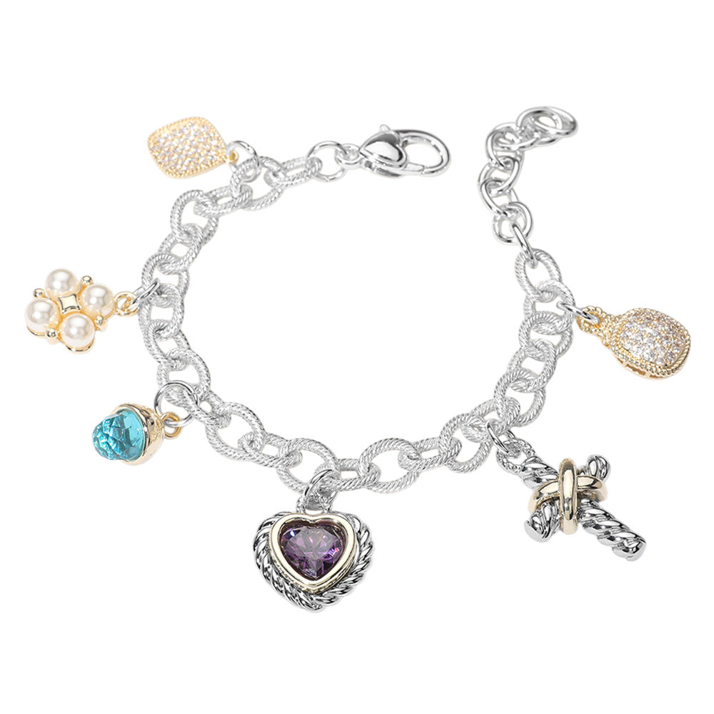 iLLASPARKZ 14K Gold Plated CZ Heart Stone Pearl Cluster Metal Cross Charm Station Bracelet