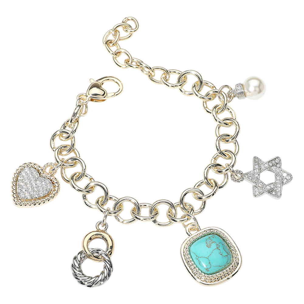 iLLASPARKZ 14K Gold Plated CZ Stone Paved Heart Jewish Star Pearl Western Turquoise Stone Cluster Charm Station Bracelet