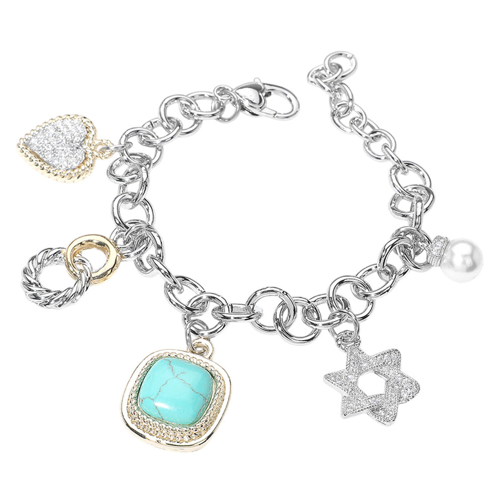 iLLASPARKZ 14K Gold Plated CZ Stone Paved Heart Jewish Star Pearl Western Turquoise Stone Cluster Charm Station Bracelet