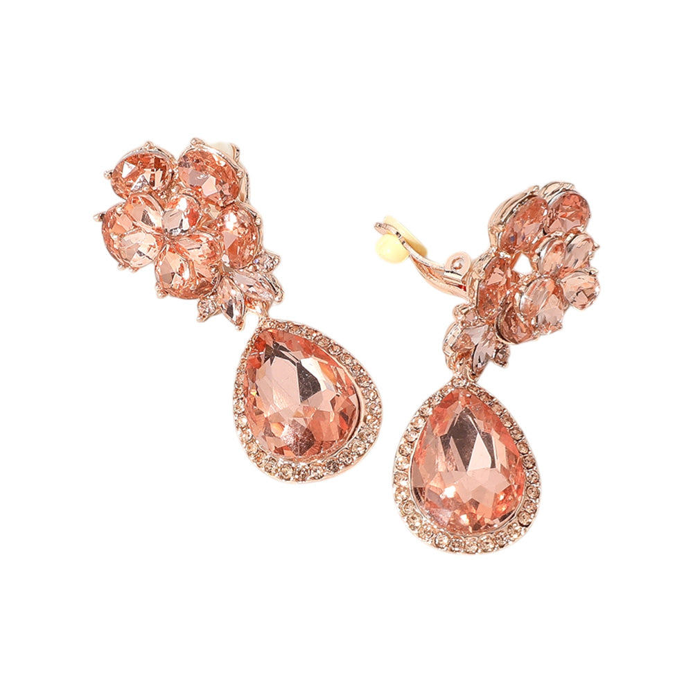 iLLASPARKZ Flower Glass Crystal Teardrop Dangle Clip On Earrings
