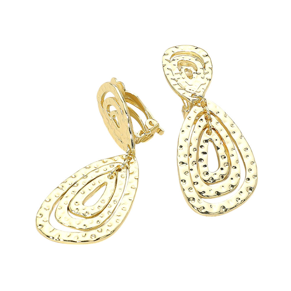iLLASPARKZ Hammered Metal Layered Teardrop Dangle Clip On Earrings