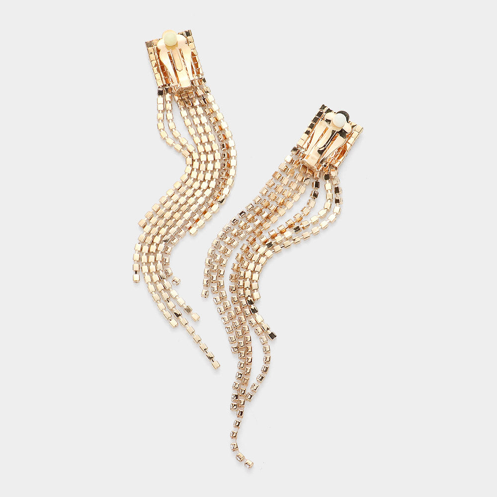 iLLASPARKZ Rhinestone Paved Fringe Clip On Evening Earrings