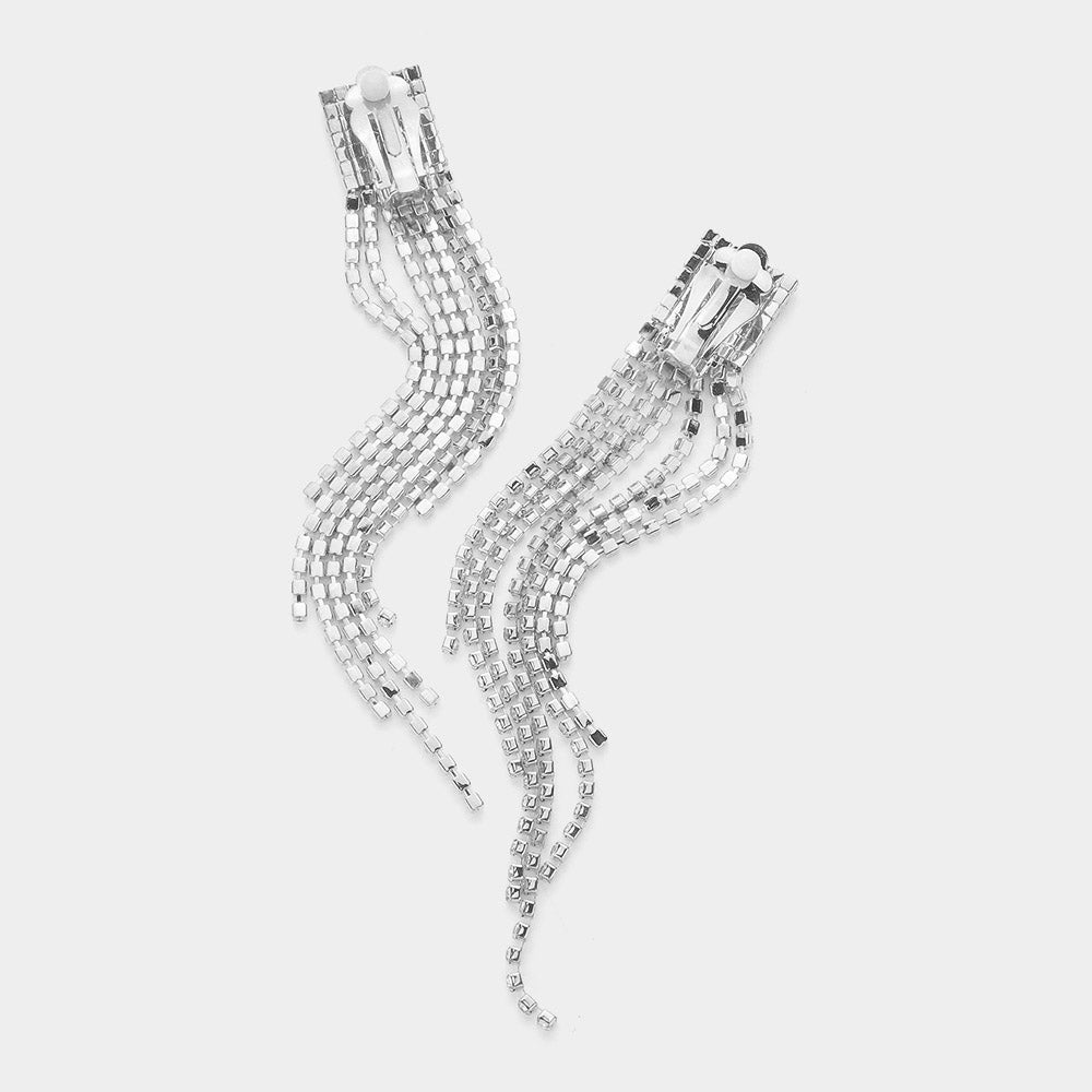 iLLASPARKZ Rhinestone Paved Fringe Clip On Evening Earrings