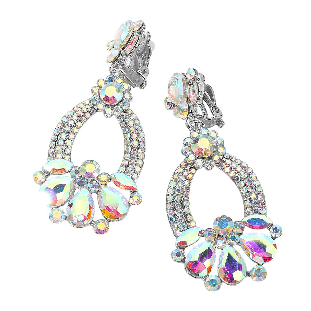 iLLASPARKZ Teardrop Glass Stone Accent Rhinestone Embellished Open Oval Dangle Evening Clip On Earrings