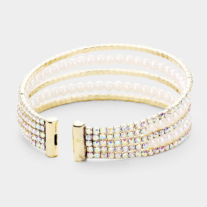 iLLASPARKZ 5Row Crystal Pave Pearl Cuff Evening Bracelet