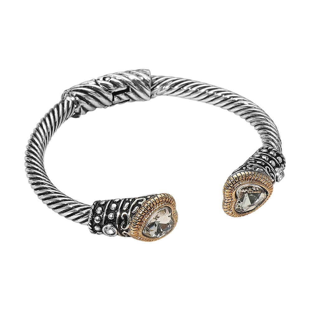 iLLASPARKZ Heart Stone Tip Antique Metal Hinged Cuff Bracelet