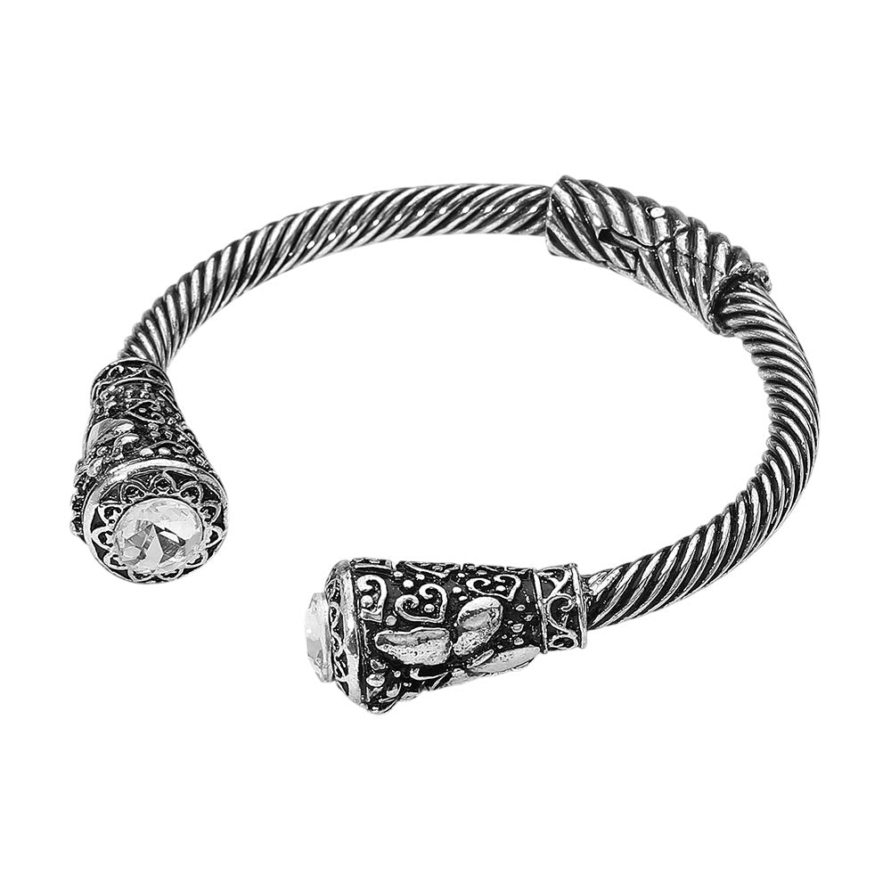iLLASPARKZ Round Stone Tip Butterfly Flower Embossed Antique Metal Hinged Cuff Bracelet