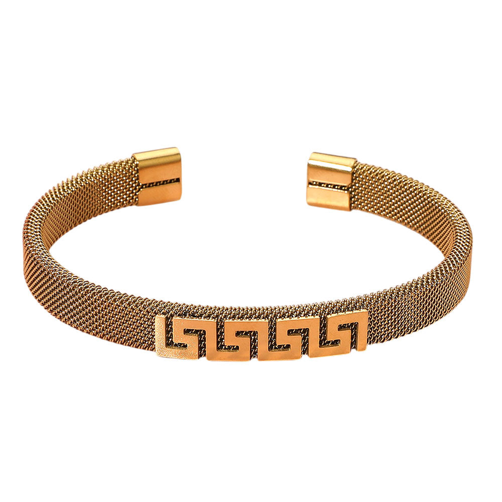 iLLASPARKZ Stainless Steel Greek Key Pattern Accent Mesh Cuff Bracelet
